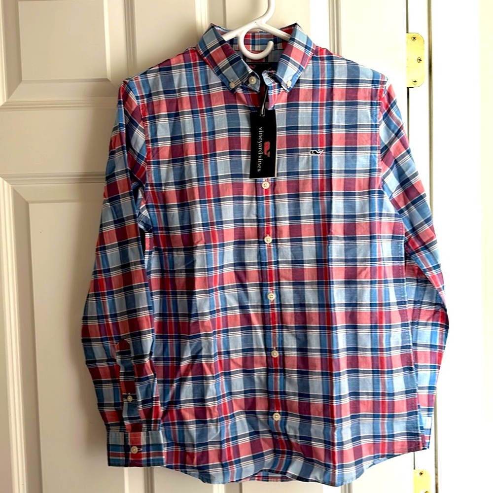 New Youth Boys Large Vineyard Vines plaid long-sleeved button down